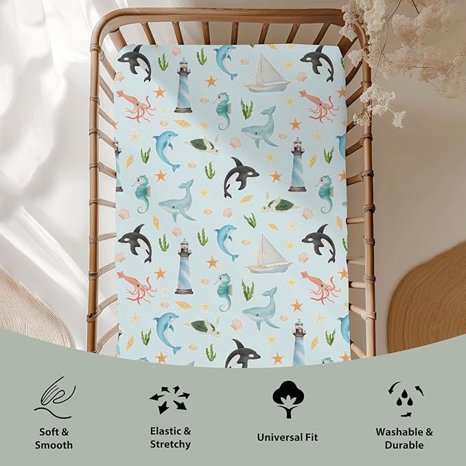 Colorful Ocean Animals Baby Crib Sheets for Boy Girl 28"x52" Sea Horse Whale Dolphin Turtle Lighthouse Soft Snug Fitted Crib Mattress Cover Nautical Baby Sheet for Standard Crib & Toddler Mattress