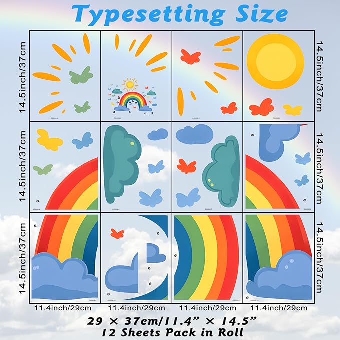 Eutecado Rainbow Wall Decals Watercolor Sun Cloud Wall Stickers for Kids Room, Cute Cloudy Rainbow Wall Decor Butterfly Sun Decorations Peel and Stick Removable Decals for Girls Room Nursery