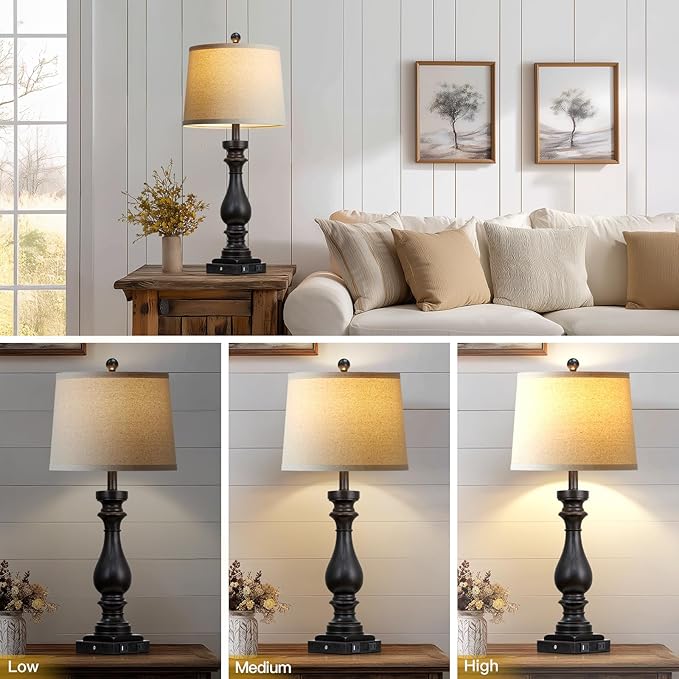 luxeflow 29" Tall Vintage Table Lamps Set of 2,Black Farmhouse Bedside Lamps with USB C+A Ports & AC Outlet,3-Way Dimmable Touch Lamp for Night Stands Living Room Bedroom,Black