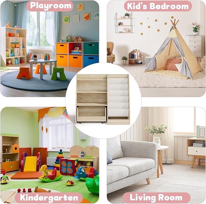 COZPAW Kids Bookshelf and Toy Storage, 4 Tier Toddler Bookshelf with Movable Drawer 5 Sling Pockets, Montessori Book Shelf for Kids Room, Playroom, Nursery (Oak)