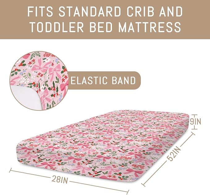 Preppy Pastel Floral Bows Baby Crib Sheets Pink Girly Floral Bows Soft Snug Fitted Crib Mattress Covers for 52''x28'' Standard Crib & Toddler Mattress Christmas Flowers Cherry Fir Leaves Bed Sheets