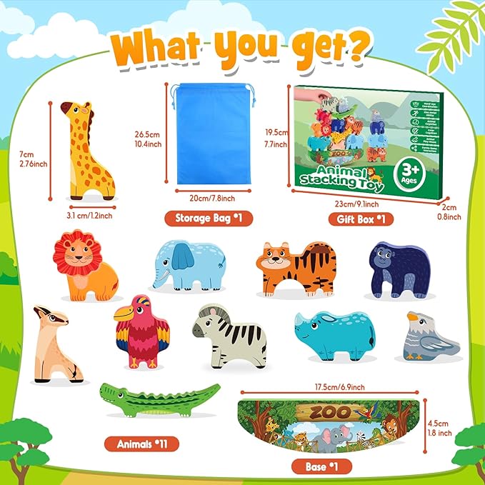Wooden Animal Blocks Stacking Toy Kids Christmas Birthday Gifts for Boy Girl Age 3-7 Animals Montessori Toddler Toys 3 4 5 6 7 8 Year Old Boys Girls Educational Toys Fine Motor Balance Game