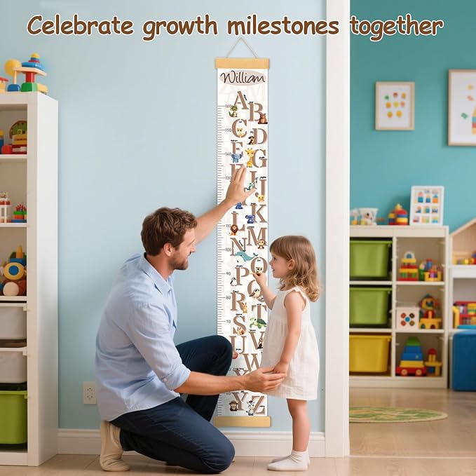 Personalized Name Growth Chart for Wall, Letter and Animal Canvas Height Measurement for Wall Removable, Height Ruler for Wall Kids Boys Girls, Nursery and Playroom Wall Decor