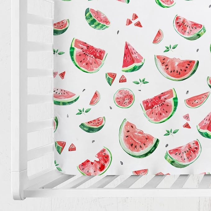 Watercolor Watermelon Baby Crib Sheet 52''x28'' Watermelon Leaves Stretchy Fitted Crib Mattress Cover for Boy Girl Tropical Summer Fruits Soft Nursery Bed Sheet for Standard Crib and Toddler Mattress