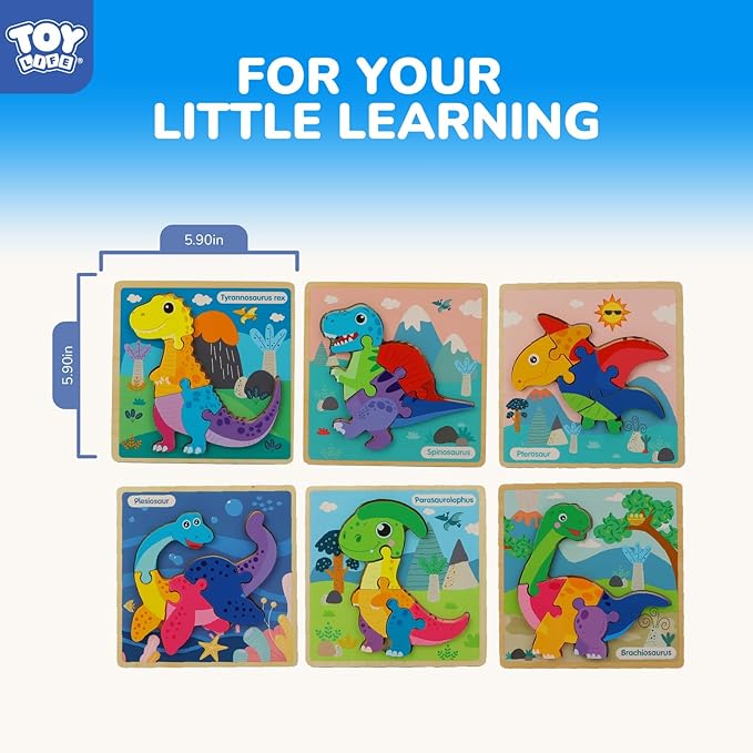 TOY Life Wooden Puzzles for Toddlers 2-4, 6 Pack Dinosaurs Puzzles for Toddler 1-3, Kids Montessori Toys for 1 2 3 Year Old, Educational Toys for Boys Girls Age 2 3 4 5, Baby Learning Toy Gifts