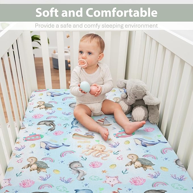 Colorful Ocean Animals Baby Crib Sheets for Boy Girl 52x28Inch Sea Horse Turtle Whale Rainbow Corals Soft Snug Fitted Crib Mattress Cover Marine Life Baby Sheet for Standard Crib & Toddler Mattress