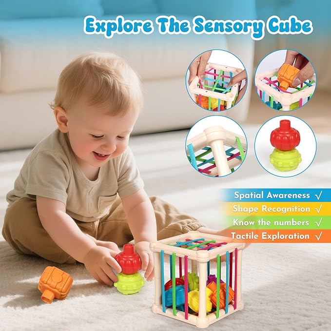 Baby Toys 18-36 Months, Montessori 7-in-1 Activity Set - Stacking Blocks, Infant Teething Toy & Sensory Bin, Baby Boys & Girls Gifts