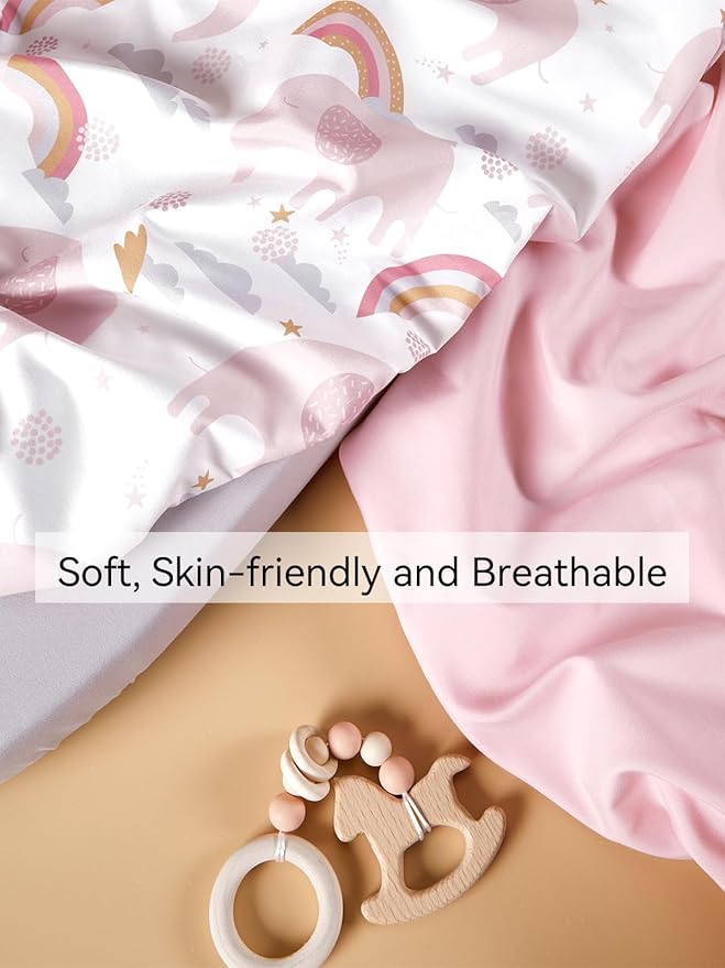 TILLYOU Baby Bassinet Sheets for Girls Boys, Fit for Hourglass Oval Rectangle Bassinet Mattress Sheets, 33”X16”, 3 Pack Rainbow Elephant
