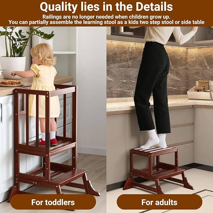 COSYLAND Toddler Step Stool Height Adjustable – Portable Kids Kitchen Stool Helper with Stabilizing Base Block – Toddler Standing Tower for Bathroom Kitchen Living Room Dining Room (Brown)