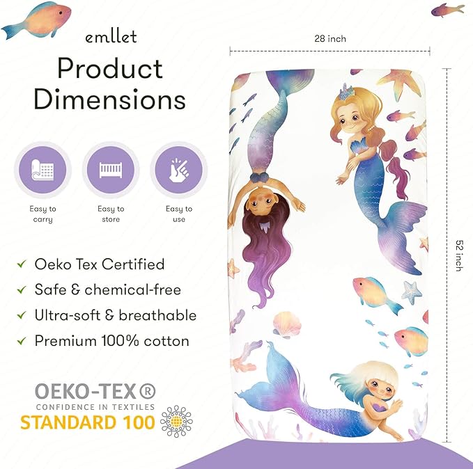 100% Cotton Fitted Crib Sheet – “Mermaid Lagoon” Under The Sea Theme, Soft Girl Nursery Bedding, Standard Crib/Toddler Mattress Fit