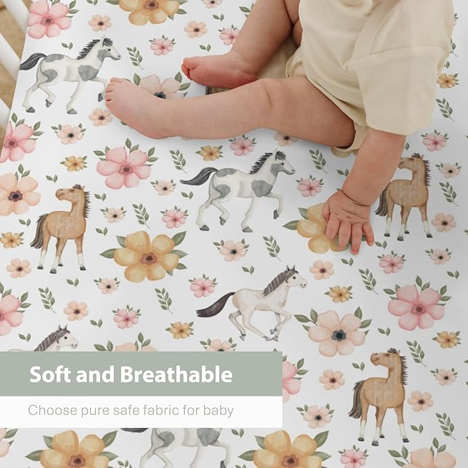 Watercolor Horse Floral Baby Crib Sheets for Boy Girl 52"x28" Running Horses Boho Flowers Soft Snug Fitted Crib Mattress Cover Wild Animals Baby Sheet for Standard Crib & Toddler Bed Mattresses