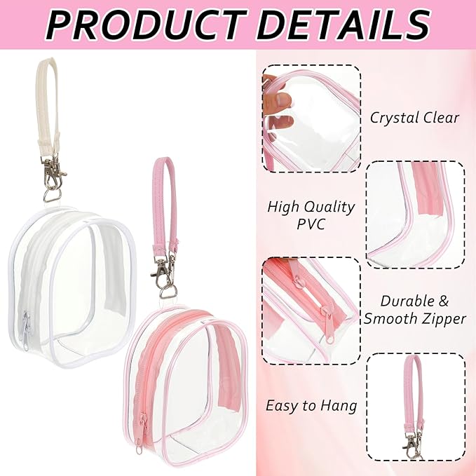 2 Pack Clear Holder Case with Checkered Strap for Pacifier Portable Storage Case for Diaper Bag Essentials Travel PVC Neutral Binky Holder Purse for Baby Boys Girls (Pink,White)