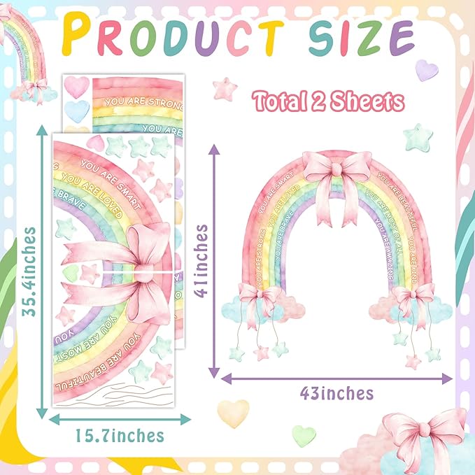 Large Watercolor Rainbow Wall Decals Pastel Pink Bow Wall Decor Kids Inspirational Vinyl Sticker Peel and Stick You are Loved Self-Affirmation Clouds Art Mural for Baby Girls Bedroom Nursery Playroom