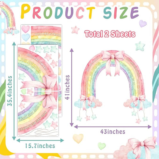 Large Watercolor Rainbow Wall Decals Pastel Pink Bow Wall Decor Kids Inspirational Vinyl Sticker Peel and Stick You are Loved Self-Affirmation Clouds Art Mural for Baby Girls Bedroom Nursery Playroom