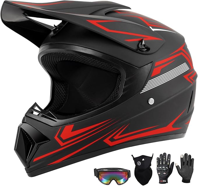 Youth Kids Dirt Bike Motocross Helmet (Goggles Gloves Face Mask) 4PCS Set, DOT Approved Boys Girls Full Face Motorcycle Helmets, ATV BMX MX Mountain Bike Off Road Kid Helmet (Red, S)