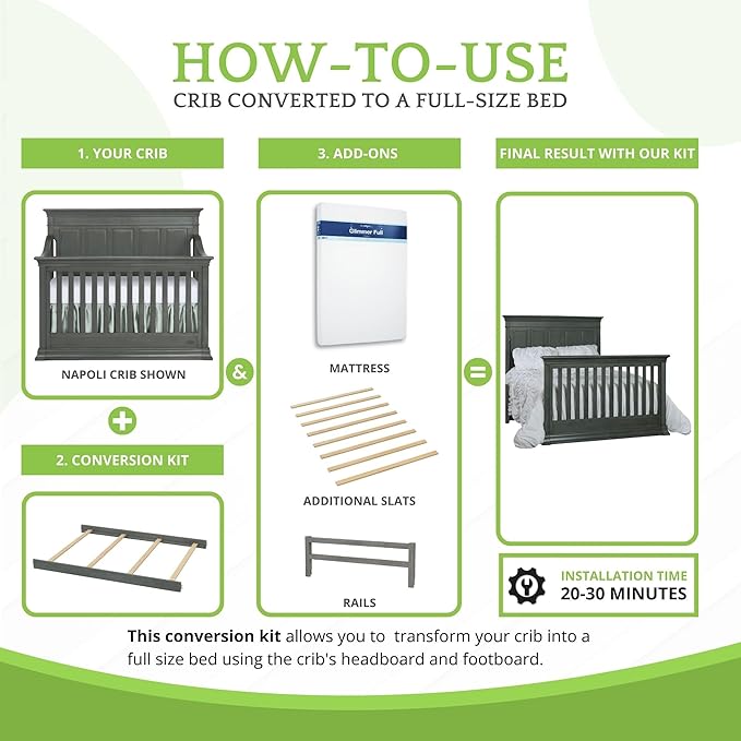 Full-Size Conversion Kit Bed Rails for Evolur Cribs - Solid Wood Crib Convertible Kit to Kids Bed - Transitional Style Rails & Easy-to-Install Child Essentials for Safety (Distressed Slate)