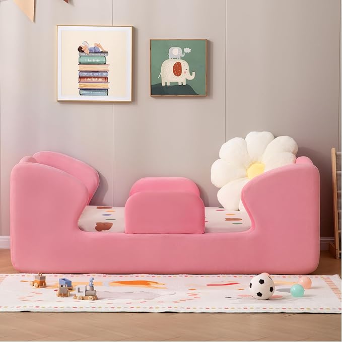 Toddler Floor Bed Frame with Removable Safety Rails and Storage Bag, Kids Bed for Girl and Boys, Standard Crib Size Portable Beds, Safety Upholstered Child Beds, Low to Floor Design