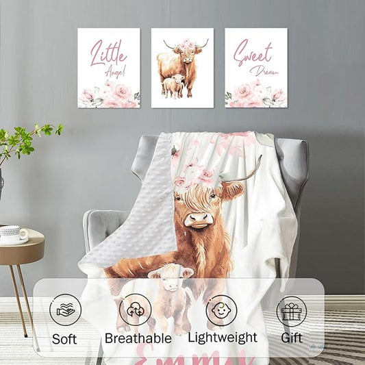 Custom Baby Crib Bedding Set,Personalized Name Pink Highland Cow Pattern Nursery Bed Set 4 Piece,Baby Blanket Fitted Sheet Nursery Rug Wall Art Set,Custom Room Decor Idea Gift for Newborns Boys Girls