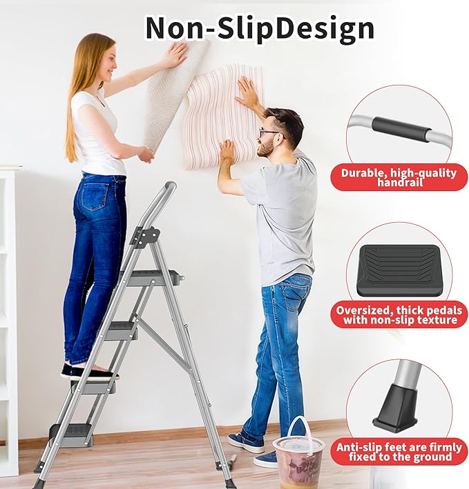 DIAMONDFORGE 4 Step Ladder, Folding Step Stool with Anti-Slip Wide Pedal, Soft Handle, Anti-Slip Feet, Sturdiest Steel Construction, 900lbs Capacity Steel Ladder for Home and Office, GrayBlack