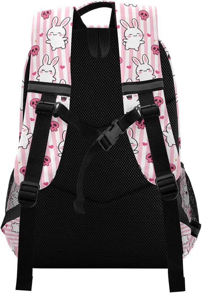 MNSRUU School Backpack with Chest Strap, Doodle Kawaii Rabbit Laptop Backpack, Travel Hiking Backpack for Boys Girls, Rucksack, Knapsack One Size