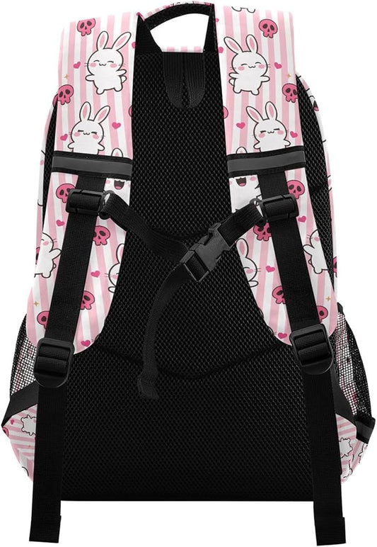 MNSRUU School Backpack with Chest Strap, Doodle Kawaii Rabbit Laptop Backpack, Travel Hiking Backpack for Boys Girls, Rucksack, Knapsack One Size