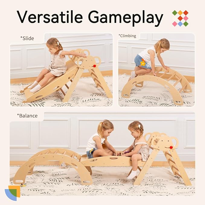 wingyz Pikler Triangle Climbing Set with Cushion,Foldable 8 in 1 Jungle Gyms for Toddlers 1-3, Indoor Playground for Kids,Baby Montessori Climbers & Play Structures(Teak)