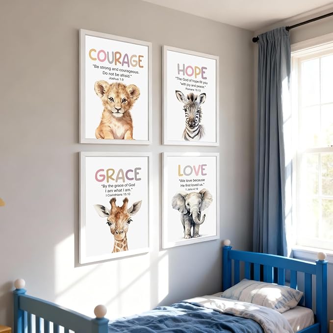 Cute Giraffe Elephant Tiger Zebra Quote Framed Wall Art Set of 4, 11x16 Educational Grace Love Courage Hope Saying Sign for Baby Girl Kid Boy Toddlers, Boho Wooden Inspirational Nursery Wall Decor