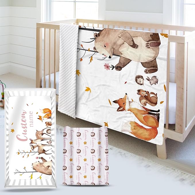 Custom Name Crib Bedding Set 3-Piece – Fox Sika Deer Design Baby Bedding Set with Personalized Soft Blanket, Fitted Sheet, Changing Pad Cover – Ideal Newborn Gift for Boys and Girls