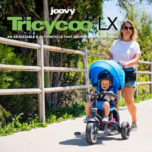 Joovy Tricycoo LX Premium Kids Tricycle with 8 Stages Featuring Chunky Front Tire, Removable and Adjustable Parent Handle, Safety Harness, Machine-Washable Seat Pad, and Retractable Canopy, Pine