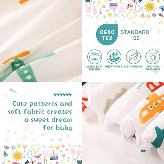 JSD Airplane Toddler Bedding Set, 4 Piece Bed-in-a-Bag Toddler Comforter Sheet Set, Machine Washable