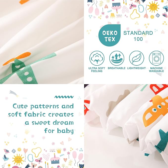 JSD Airplane Toddler Bedding Set, 4 Piece Bed-in-a-Bag Toddler Comforter Sheet Set, Machine Washable