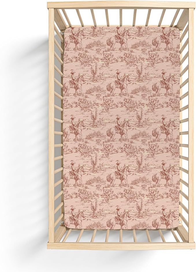 Vintage Pink Cowgirl Cactus Baby Crib Sheets for Boy Girl 52"x28" Western Cowgirl Love Soft Stretchy Fitted Crib Mattress Cover Wild Desert Baby Sheet for Standard Crib & Toddler Mattress Pads
