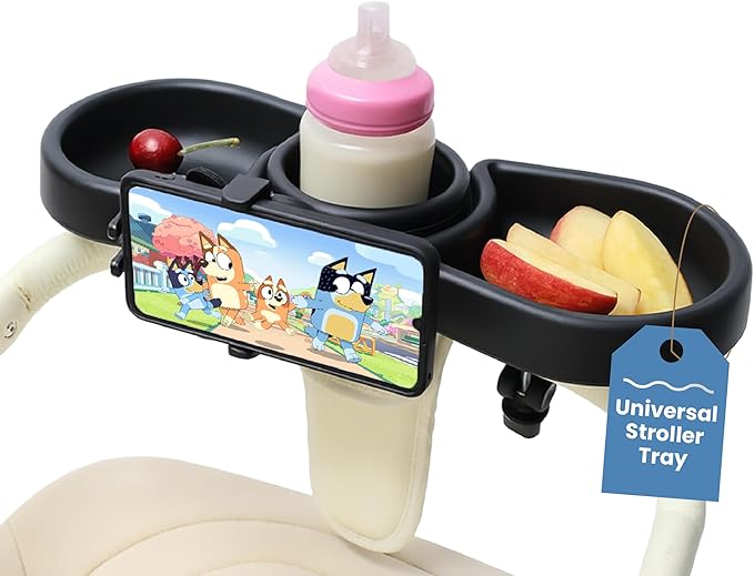 Snugbee Universal Stroller Tray with Cup Holder & Phone Mount – Fits iPhone 16 Pro Max – 360° Rotation, Easy Tool-Free Installation, Durable & Easy to Clean – Includes Instruction Manual