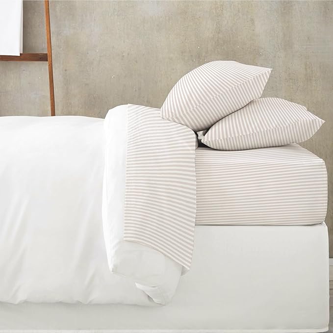 MakeMake Organics Organic Queen Fitted Sheet Set GOTS Certified Organic Cotton Fitted Sheet with Pillowcase Ultra Soft Non Toxic Breathable Hypoallergenic Colorful Neutral (Full, Beige Stripes)