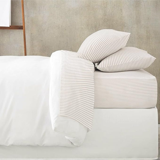 MakeMake Organics Organic Queen Fitted Sheet Set GOTS Certified Organic Cotton Fitted Sheet with Pillowcase Ultra Soft Non Toxic Breathable Hypoallergenic Colorful Neutral (Full, Beige Stripes)