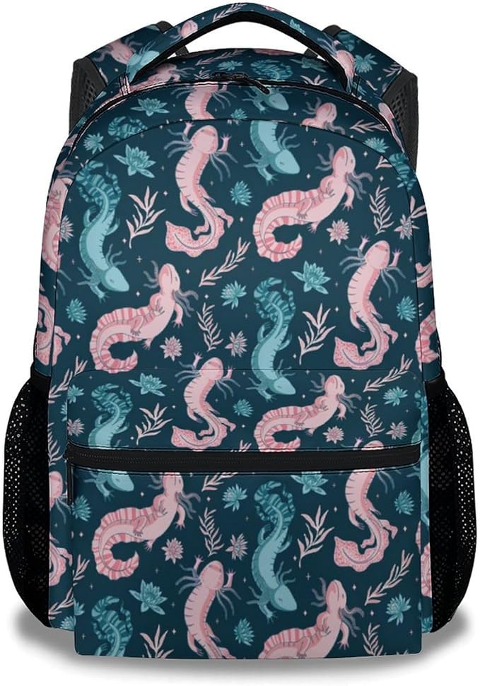 Mercuryelf Axolotl Backpack for Girls Boys, 16 Inch Dark Blue Backpacks for School Travel, Fashion Lightweight Bookbag for Kids