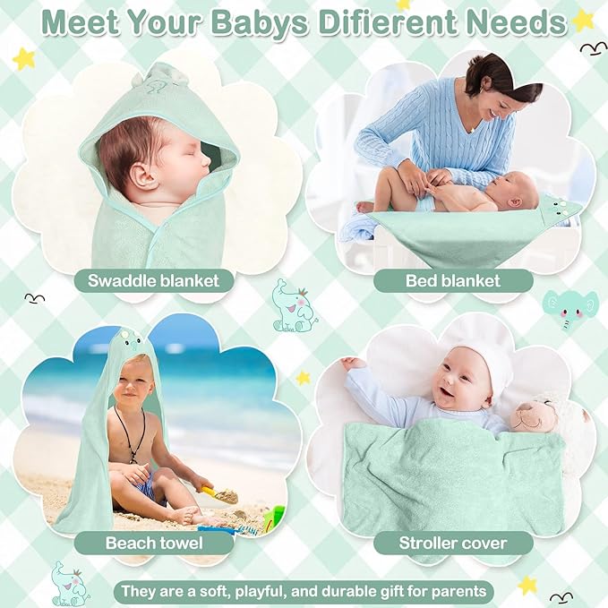 4 PCS Baby Towel Set, Hooded Bath Towel for Infants, Toddlers and Kids, Soft Animal Baby Bath Towels & 3 PCS Washcloths, 32x32 in Hooded Baby Bath Towel for Boy and Girl (Green Elephant)