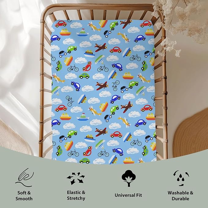 Planes Automobiles Transport Baby Crib Sheets for Boy Girl 28"x52" Airplanes Boats Bike Car Clouds Blue Soft Stretchy Fitted Crib Mattress Cover Travel Baby Sheet for Standard Crib & Toddler Mattress