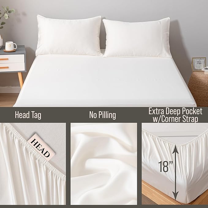Bella Coterie Luxury Bamboo Viscose Cal King Size Fitted Sheet | 100% Organically Grown | Ultra Soft | Cooling for Hot Sleepers | 18" Deep Pocket [Ivory]