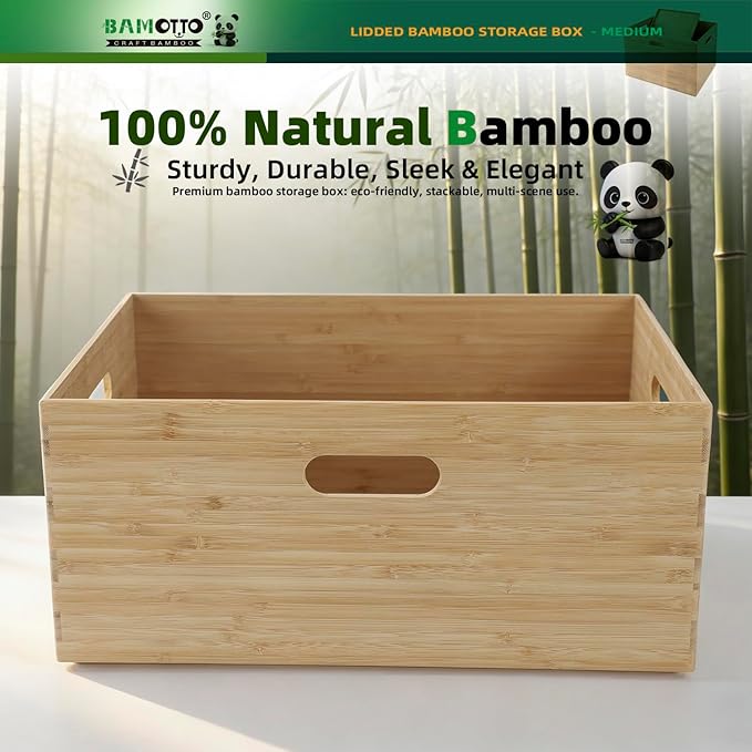 BAMOTTO Lidded Bamboo Storage Bins & Box/Cube/Basket, Home Kitchen and Office Storage Boxes with Handles & Stackable for Organizer Tableware, Clothing, Toys, Office Shelf Books, 14.6”x10.2”x6.5”