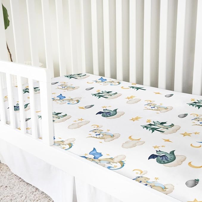 Cartoon Fairy Tale Dragon Moon Stars Clouds Trees Baby Crib Sheets 52''x28'' Watercolor Dragons Stretchy Fitted Crib Mattress Cover for Boy Girl Soft Bed Sheet for Standard Crib Toddler Mattress
