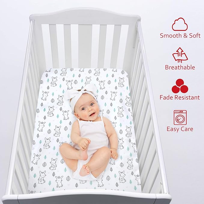 Pack and Play Sheets Fitted Mini Crib, Breathable Microfiber Stretchy Playard Sheets Fit for Graco Pack and Play, Lovely Bunny Mini Crib Fitted Sheets for Boys and Girls