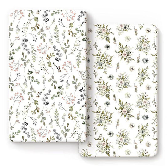 GRSSDER Stretchy Ultra Soft Jersey Knit Fitted Crib Sheets Set 2 Pack, Cozy Crib Sheet Fits All Standard Crib Mattress Pads, Stylish Watercolor Rose and Flora