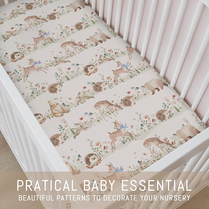 Pastel Animals Bows Floral Mushroom Baby Crib Sheets for Boy Girl Cute Bear Deer Bunny Hedgehog Soft Snug Fitted Crib Mattress Covers for 52''x28'' Standard Crib & Toddler Mattress Nursery Bed Sheets