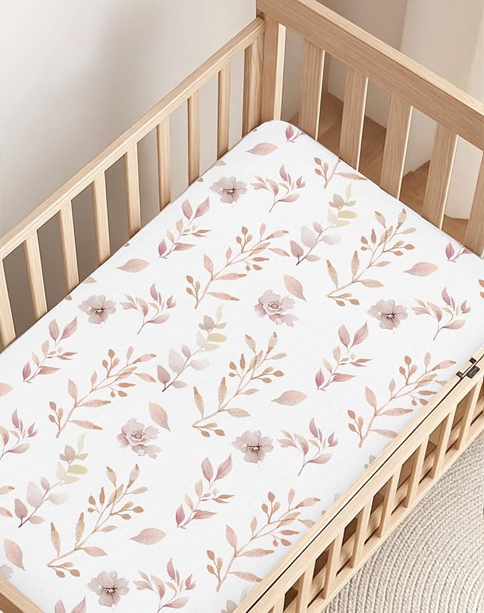 Pack and Play Sheets 2 Pack, Fitted Jersey Knit Mini Crib Sheets for Baby Boys and Girls, Compatible with Graco Pack N Play and Mini Crib Mattress (Floral Fawn, Pack N Play/Mini Crib Sheets)