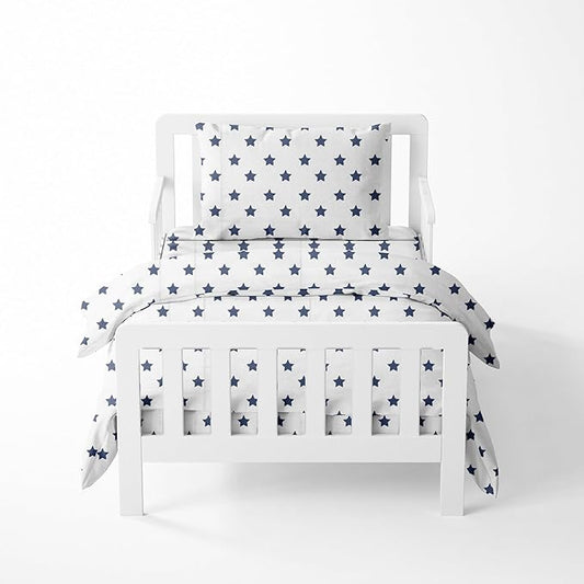 Bacati - Muslin Ikat Stars 4 Piece Boys Toddler Bedding Set 100 Percent Cotton Includes Reversible Comforter, Fitted Sheet, Top Sheet, and Pillow Case (4 pc Toddler Bedding Set, Navy Stars)