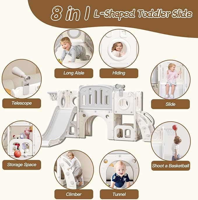8 in 1 Toddler Slide,Kids Climber Slide with Storage Space and Non-Slip Steps,Indoor Outdoor Playset with Basketball Hoopa and Telescope,Slide for Toddlers Age 1-8 (White+Grey)