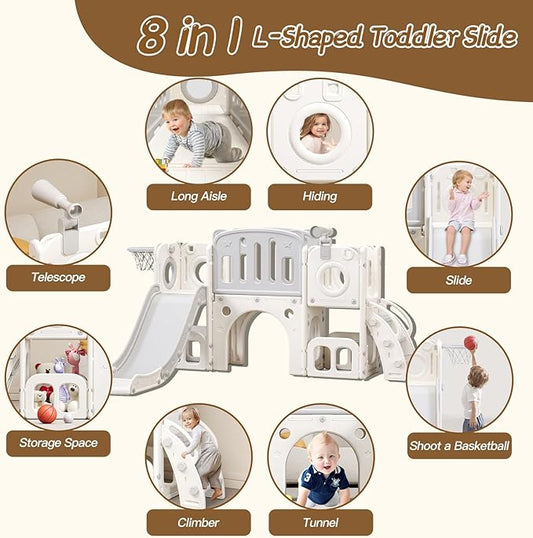 8 in 1 Toddler Slide,Kids Climber Slide with Storage Space and Non-Slip Steps,Indoor Outdoor Playset with Basketball Hoopa and Telescope,Slide for Toddlers Age 1-8 (White+Grey)