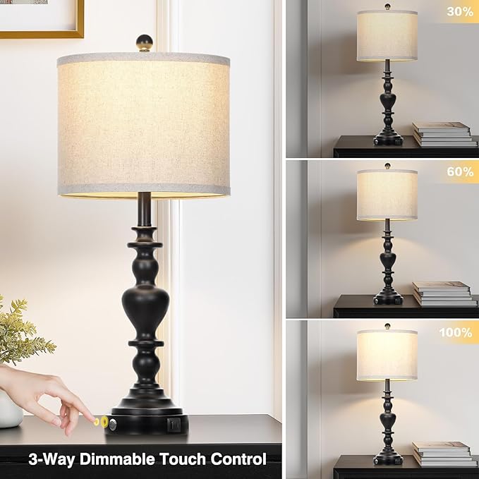 luxeflow Farmhouse Table Lamps Set of 2, 27" Black Vintage Bedside Lamps with USB A+C Charging Ports, 3-Way Dimmable Touch Control Rustic Nightstand Lamp for Living Room Office(Bulbs Included)