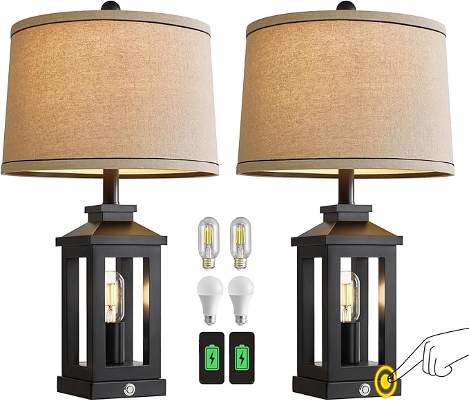 G-SAFAVA 23.75" Retro Farmhouse Black Table Lamp for Living Room Bedroom Nightstand Set of 2 Touch Control Bedside Nightlight Vintage Modern Lamp with USB C+A Ports and 2 Light Sources